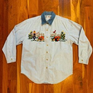 West Port Vintage Striped Button-Up Shirt Embroidered Fall Scarecrow Size M